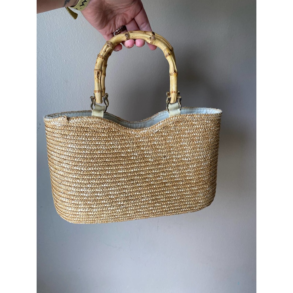 Vintage Natural Straw Tote with Bamboo Handles - Picture 3 of 5